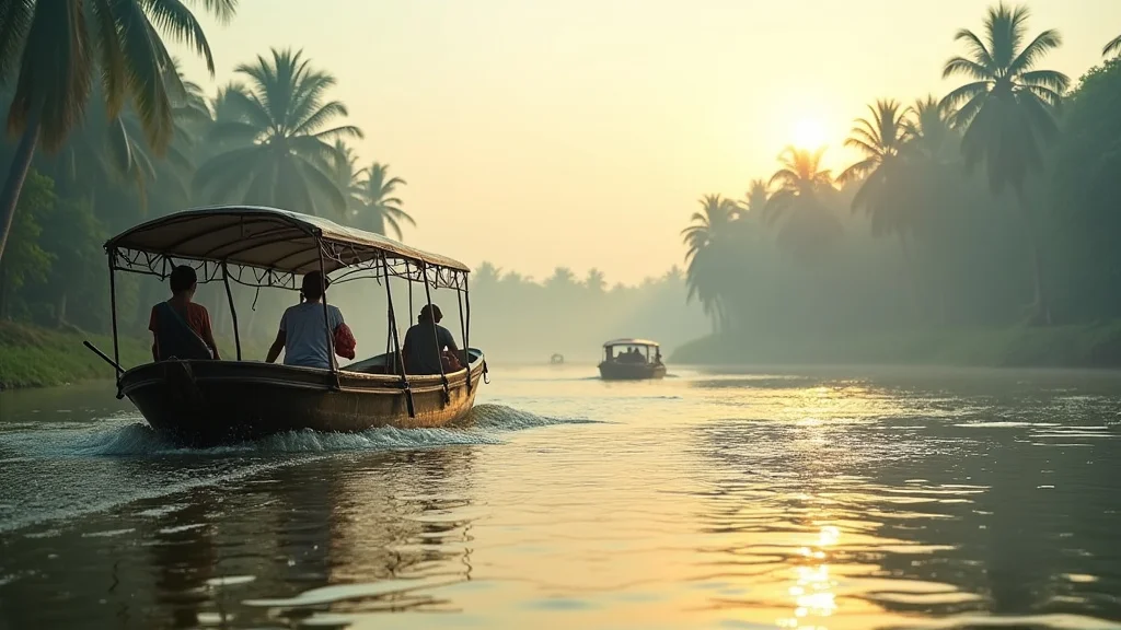The image shows a tranquil boat journey through the Sundarbans, illustrating the allure of a Sundarbans Tour Package.